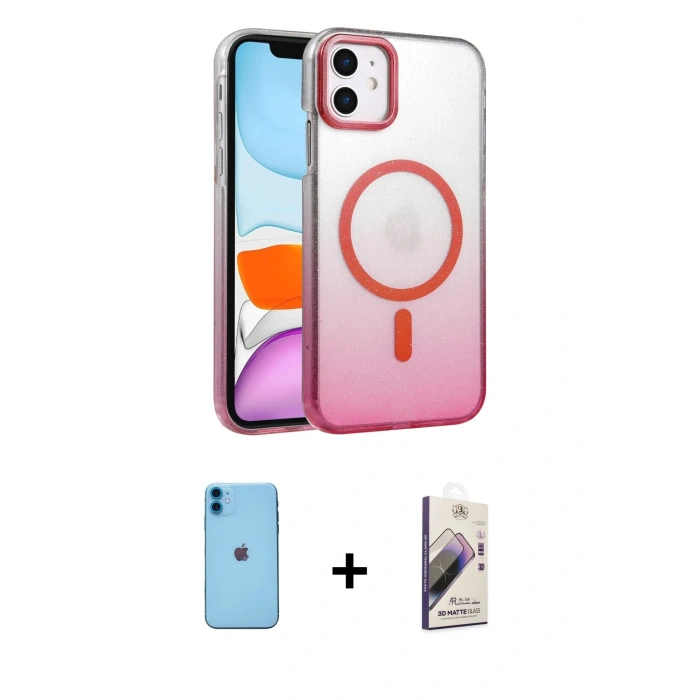 MARSİLYAN™- iPhone 11 Kılıf Ahenk Doku Özel Seri - Siyah Bilvis 3D Mat Cam Ekran Koruyucu + Neon Fosforlu Kamera Lens - MI