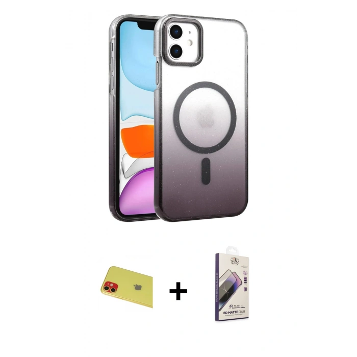 MARSİLYAN™- iPhone 11 Kılıf Ahenk Doku Özel Seri - Siyah Bilvis 3D Mat Cam Ekran Koruyucu + Rainbow Kamera Lens Koruma Cam - KI