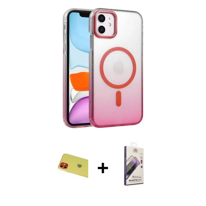 MARSİLYAN™- iPhone 11 Kılıf Ahenk Doku Özel Seri - Siyah Bilvis 3D Mat Cam Ekran Koruyucu + Rainbow Kamera Lens Koruma Cam - KI