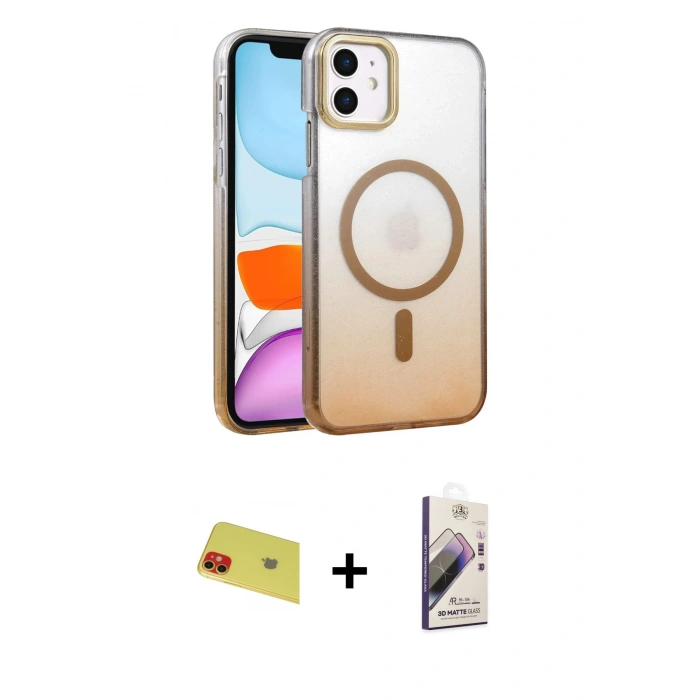 MARSİLYAN™- iPhone 11 Kılıf Ahenk Doku Özel Seri - Siyah Bilvis 3D Mat Cam Ekran Koruyucu + Rainbow Kamera Lens Koruma Cam - KI
