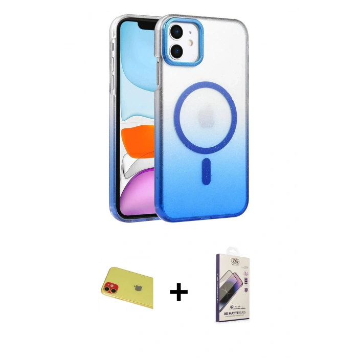 MARSİLYAN™- iPhone 11 Kılıf Ahenk Doku Özel Seri - Siyah Bilvis 3D Mat Cam Ekran Koruyucu + Rainbow Kamera Lens Koruma Cam - KI
