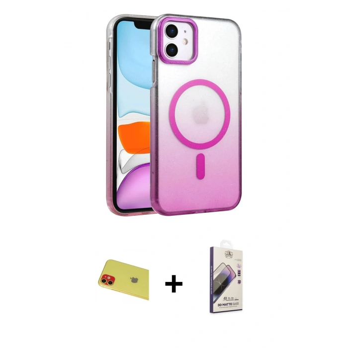 MARSİLYAN™- iPhone 11 Kılıf Ahenk Doku Özel Seri - Siyah Bilvis 3D Mat Cam Ekran Koruyucu + Rainbow Kamera Lens Koruma Cam - KI