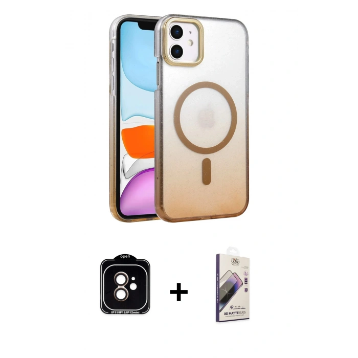 MARSİLYAN™- iPhone 11 Kılıf Ahenk Doku Özel Seri - Siyah Bilvis 3D Mat Cam Ekran Koruyucu + PVD Metal Kamera Lens - TU