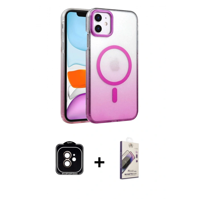 MARSİLYAN™- iPhone 11 Kılıf Ahenk Doku Özel Seri - Siyah Bilvis 3D Mat Cam Ekran Koruyucu + PVD Metal Kamera Lens - TU