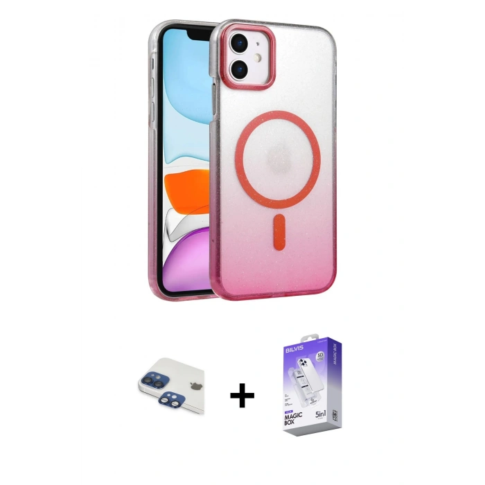 MARSİLYAN™- iPhone 11 Kılıf Ahenk Doku Özel Seri - Siyah Bilvis 5in1 3D Magic Cam Ekran Koruyucu + Lacivert Pers Alüminyum Kamera Lens