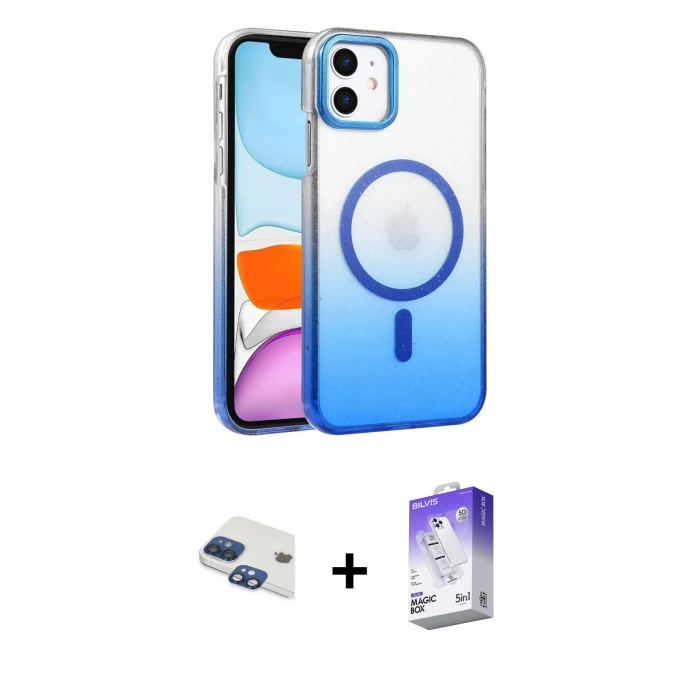 MARSİLYAN™- iPhone 11 Kılıf Ahenk Doku Özel Seri - Siyah Bilvis 5in1 3D Magic Cam Ekran Koruyucu + Lacivert Pers Alüminyum Kamera Lens