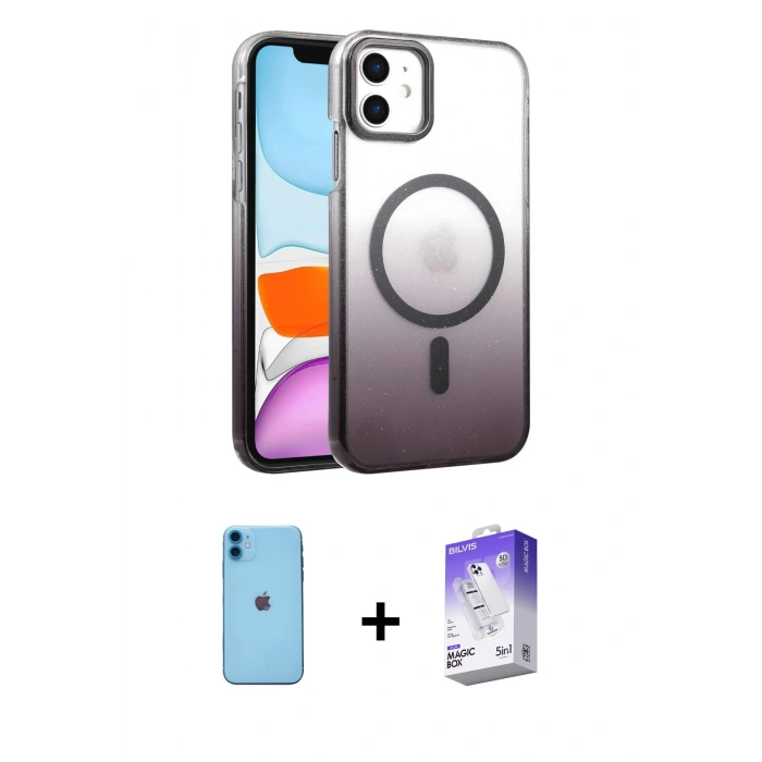 MARSİLYAN™- iPhone 11 Kılıf Ahenk Doku Özel Seri - Siyah Bilvis 5in1 3D Magic Cam Ekran Koruyucu + Neon Fosforlu Kamera Lens - MI