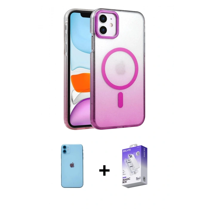 MARSİLYAN™- iPhone 11 Kılıf Ahenk Doku Özel Seri - Siyah Bilvis 5in1 3D Magic Cam Ekran Koruyucu + Neon Fosforlu Kamera Lens - MI