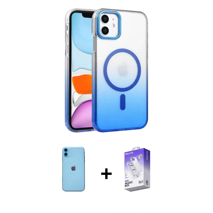 MARSİLYAN™- iPhone 11 Kılıf Ahenk Doku Özel Seri - Siyah Bilvis 5in1 3D Magic Cam Ekran Koruyucu + Neon Fosforlu Kamera Lens - MI