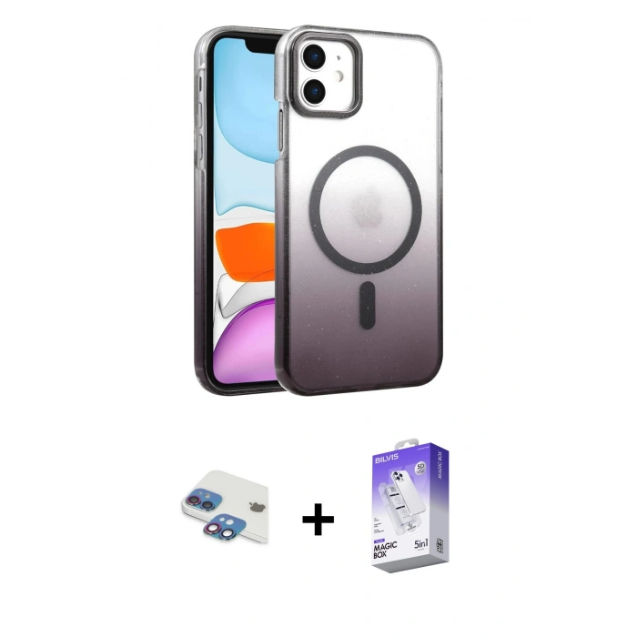 MARSİLYAN™- iPhone 11 Kılıf Ahenk Doku Özel Seri - Siyah Bilvis 5in1 3D Magic Cam Ekran Koruyucu + Pers Alüminyum Kamera Lens - GI