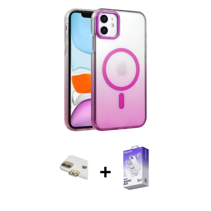 MARSİLYAN™- iPhone 11 Kılıf Ahenk Doku Özel Seri - Siyah Bilvis 5in1 3D Magic Cam Ekran Koruyucu + Pers Alüminyum Kamera Lens - GD