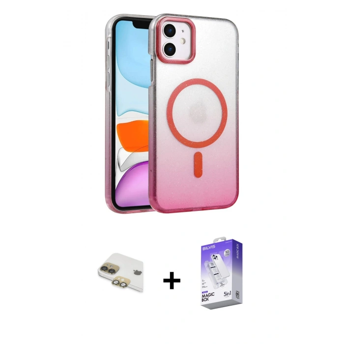 MARSİLYAN™- iPhone 11 Kılıf Ahenk Doku Özel Seri - Siyah Bilvis 5in1 3D Magic Cam Ekran Koruyucu + Pers Alüminyum Kamera Lens - GD
