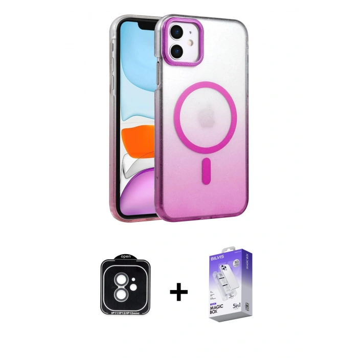MARSİLYAN™- iPhone 11 Kılıf Ahenk Doku Özel Seri - Siyah Bilvis 5in1 3D Magic Cam Ekran Koruyucu + PVD Metal Kamera Lens - YL