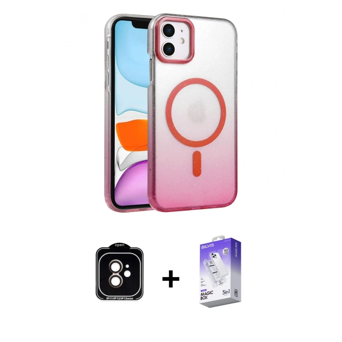 MARSİLYAN™- iPhone 11 Kılıf Ahenk Doku Özel Seri - Siyah Bilvis 5in1 3D Magic Cam Ekran Koruyucu + PVD Metal Kamera Lens - TU