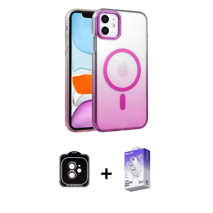MARSİLYAN™- iPhone 11 Kılıf Ahenk Doku Özel Seri - Siyah Bilvis 5in1 3D Magic Cam Ekran Koruyucu + PVD Metal Kamera Lens - TU