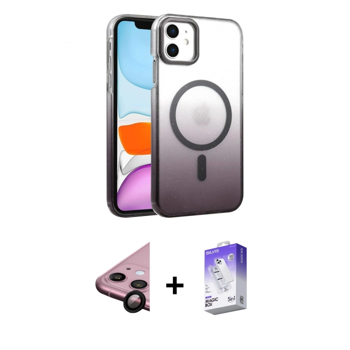MARSİLYAN™- iPhone 11 Kılıf Ahenk Doku Özel Seri - Siyah Bilvis 5in1 3D Magic Cam Ekran Koruyucu + Raze Metal Kamera Lens - SH