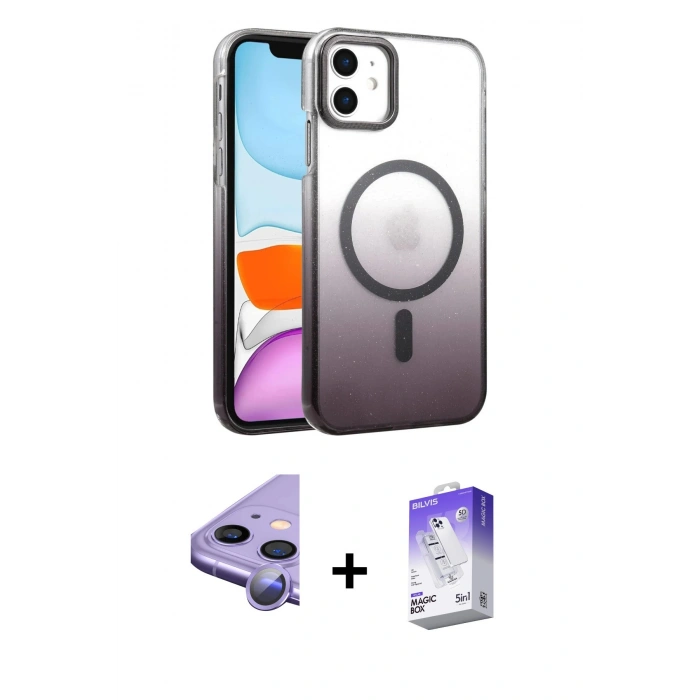 MARSİLYAN™- iPhone 11 Kılıf Ahenk Doku Özel Seri - Siyah Bilvis 5in1 3D Magic Cam Ekran Koruyucu + Raze Metal Kamera Lens - MR