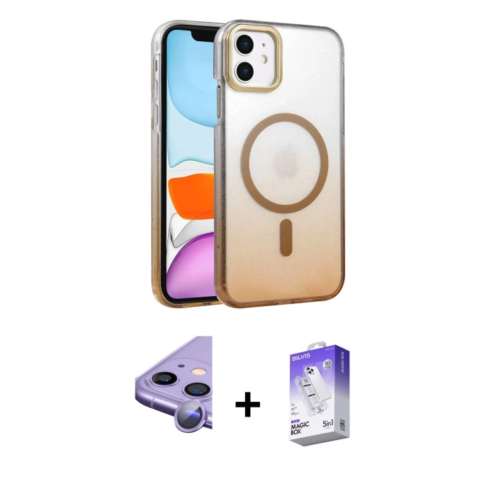 MARSİLYAN™- iPhone 11 Kılıf Ahenk Doku Özel Seri - Siyah Bilvis 5in1 3D Magic Cam Ekran Koruyucu + Raze Metal Kamera Lens - MR