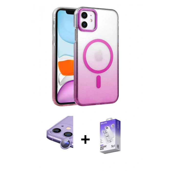 MARSİLYAN™- iPhone 11 Kılıf Ahenk Doku Özel Seri - Siyah Bilvis 5in1 3D Magic Cam Ekran Koruyucu + Raze Metal Kamera Lens - MR