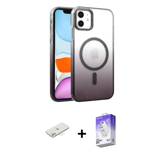 MARSİLYAN™- iPhone 11 Kılıf Ahenk Doku Özel Seri - Siyah Bilvis 5in1 3D Magic Cam Ekran Koruyucu + Renkli Kamera Lens Koruma Cam - SI