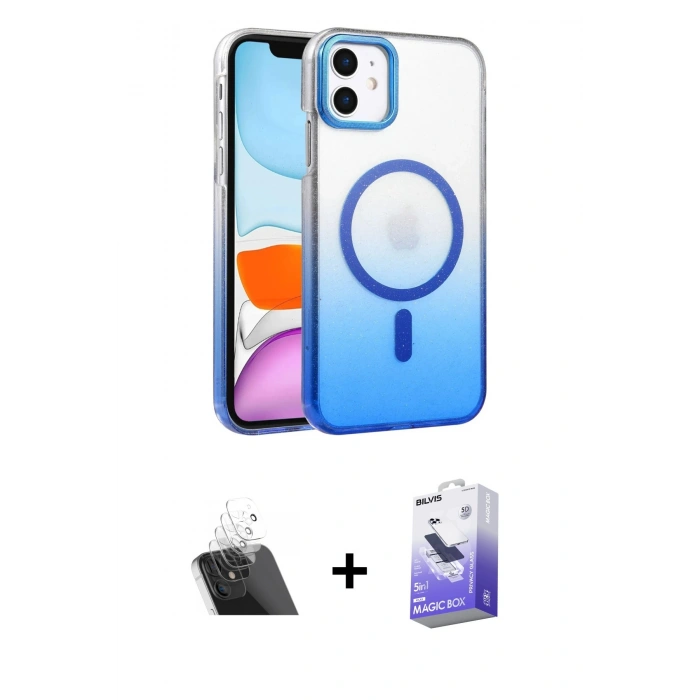 MARSİLYAN™- iPhone 11 Kılıf Ahenk Doku Özel Seri - Siyah Bilvis 5in1 5D Magic Hayalet Cam Ekran Koruyucu + Şeffaf Kamera Lens Koruma Cam