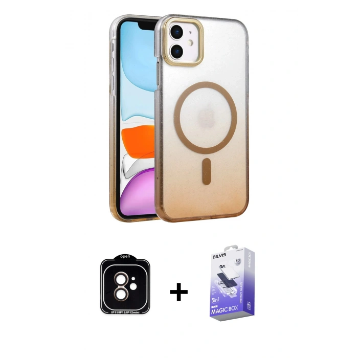 MARSİLYAN™- iPhone 11 Kılıf Ahenk Doku Özel Seri - Siyah Bilvis 5in1 5D Magic Hayalet Cam Ekran Koruyucu + PVD Metal Kamera Lens - TU