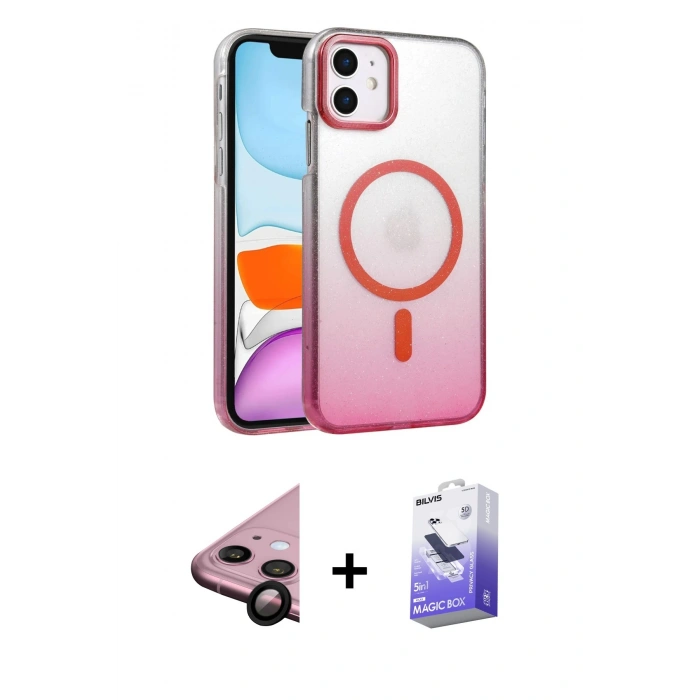 MARSİLYAN™- iPhone 11 Kılıf Ahenk Doku Özel Seri - Siyah Bilvis 5in1 5D Magic Hayalet Cam Ekran Koruyucu + Raze Metal Kamera Lens - SH