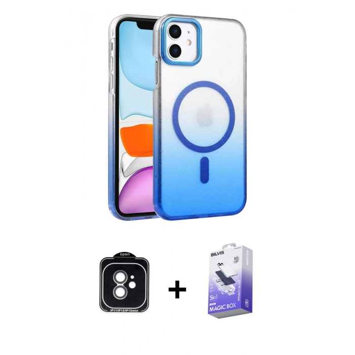 MARSİLYAN™- iPhone 11 Kılıf Ahenk Doku Özel Seri - Siyah Bilvis 5in1 5D Magic Hayalet Cam Ekran Koruyucu + PVD Metal Kamera Lens - YL