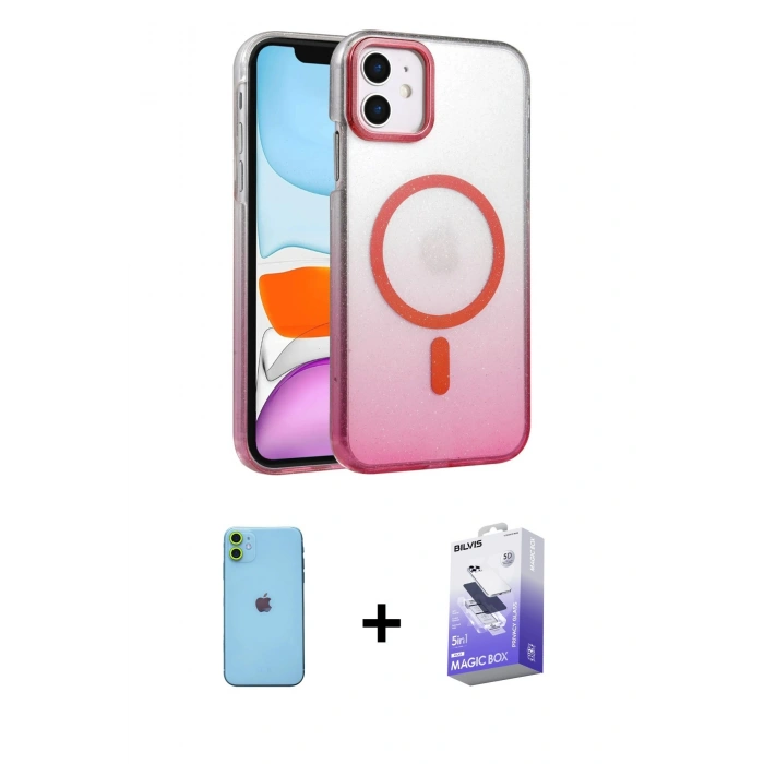 MARSİLYAN™- iPhone 11 Kılıf Ahenk Doku Özel Seri - Siyah Bilvis 5in1 5D Magic Hayalet Cam Ekran Koruyucu + Neon Fosforlu Kamera Lens - YL