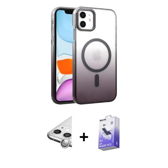 MARSİLYAN™- iPhone 11 Kılıf Ahenk Doku Özel Seri - Siyah Bilvis 5in1 5D Magic Hayalet Cam Ekran Koruyucu + Raze Metal Kamera Lens - GS