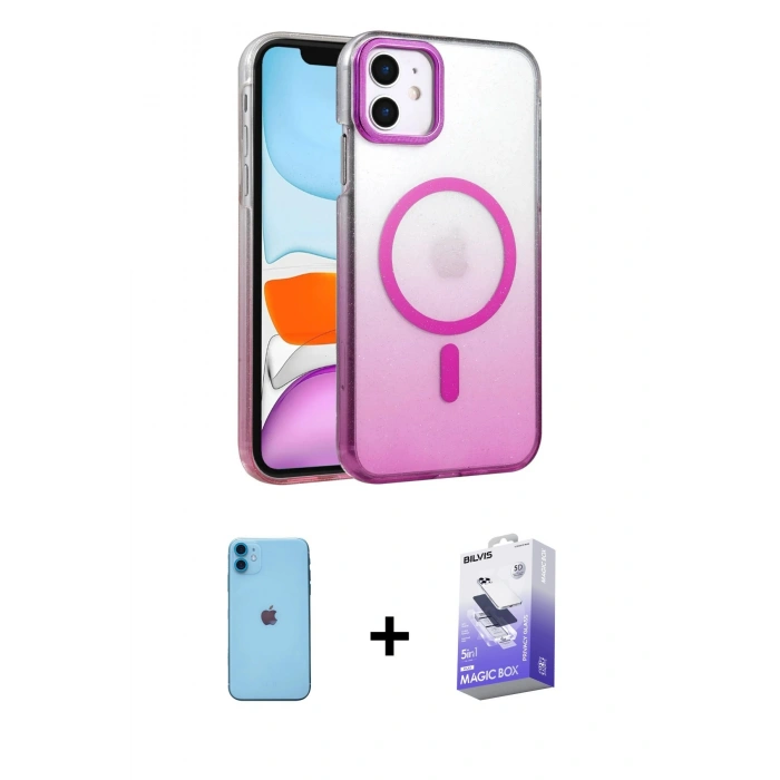 MARSİLYAN™- iPhone 11 Kılıf Ahenk Doku Özel Seri - Siyah Bilvis 5in1 5D Magic Hayalet Cam Ekran Koruyucu + Mavi Neon Fosforlu Kamera Lens