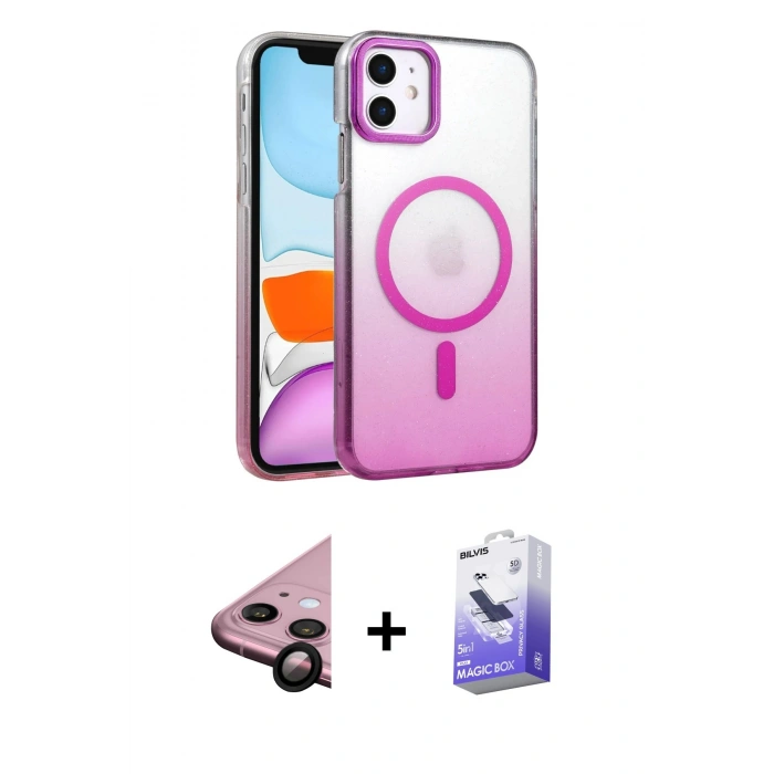 MARSİLYAN™- iPhone 11 Kılıf Ahenk Doku Özel Seri - Siyah Bilvis 5in1 5D Magic Hayalet Cam Ekran Koruyucu + Raze Metal Kamera Lens - SH
