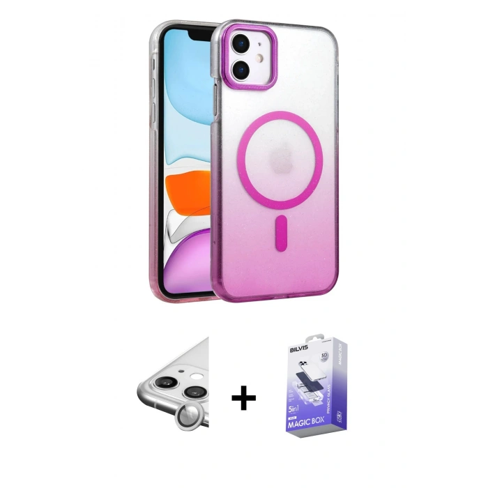 MARSİLYAN™- iPhone 11 Kılıf Ahenk Doku Özel Seri - Siyah Bilvis 5in1 5D Magic Hayalet Cam Ekran Koruyucu + Raze Metal Kamera Lens - GS