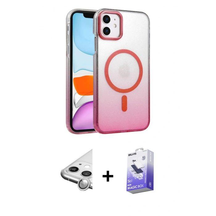 MARSİLYAN™- iPhone 11 Kılıf Ahenk Doku Özel Seri - Siyah Bilvis 5in1 5D Magic Hayalet Cam Ekran Koruyucu + Raze Metal Kamera Lens - GS