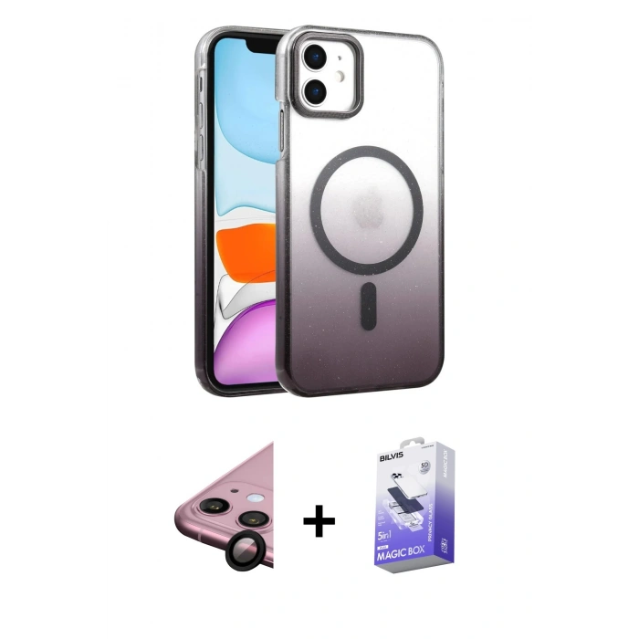 MARSİLYAN™- iPhone 11 Kılıf Ahenk Doku Özel Seri - Siyah Bilvis 5in1 5D Magic Hayalet Cam Ekran Koruyucu + Raze Metal Kamera Lens - SH