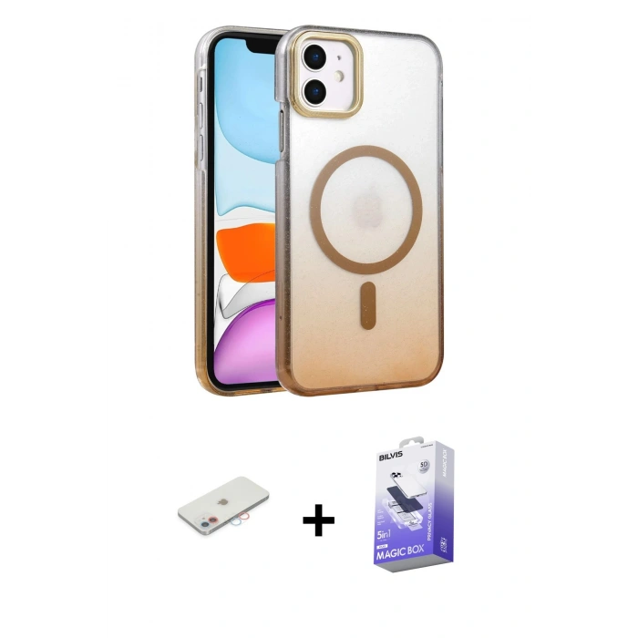 MARSİLYAN™- iPhone 11 Kılıf Ahenk Doku Özel Seri - Siyah Bilvis 5in1 5D Magic Hayalet Cam Ekran Koruyucu + Renkli Kamera Lens Koruma Cam - PE