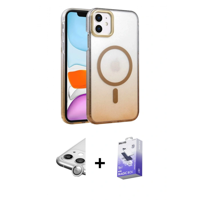 MARSİLYAN™- iPhone 11 Kılıf Ahenk Doku Özel Seri - Siyah Bilvis 5in1 5D Magic Hayalet Cam Ekran Koruyucu + Raze Metal Kamera Lens - GS