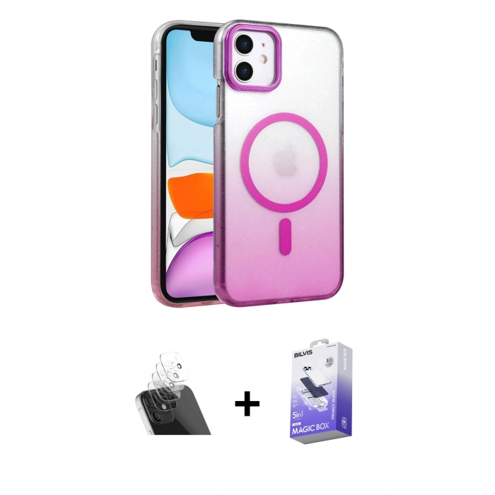 MARSİLYAN™- iPhone 11 Kılıf Ahenk Doku Özel Seri - Siyah Bilvis 5in1 5D Magic Hayalet Cam Ekran Koruyucu + Şeffaf Kamera Lens Koruma Cam