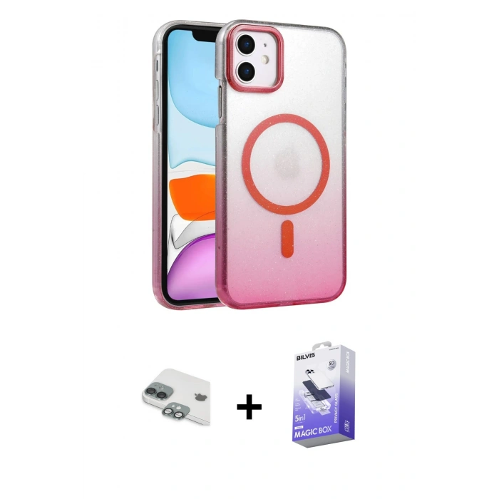 MARSİLYAN™- iPhone 11 Kılıf Ahenk Doku Özel Seri - Siyah Bilvis 5in1 5D Magic Hayalet Cam Ekran Koruyucu + Pers Alüminyum Kamera Lens - YL
