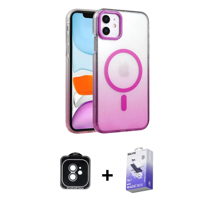MARSİLYAN™- iPhone 11 Kılıf Ahenk Doku Özel Seri - Siyah Bilvis 5in1 5D Magic Hayalet Cam Ekran Koruyucu + PVD Metal Kamera Lens - YL