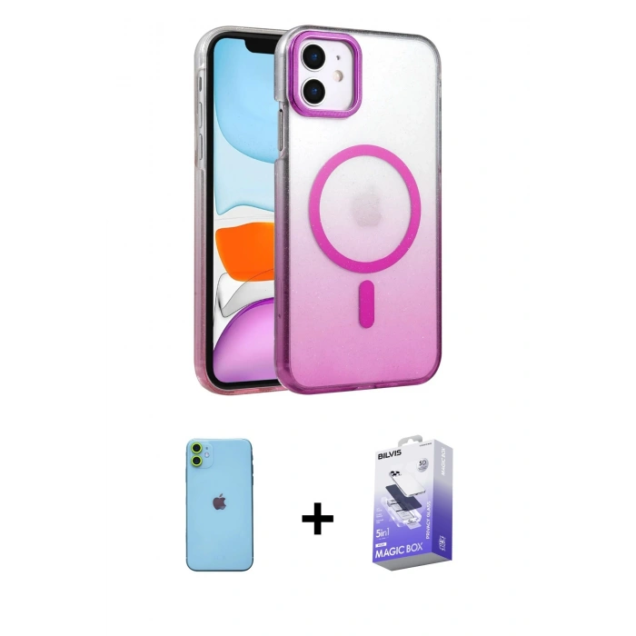 MARSİLYAN™- iPhone 11 Kılıf Ahenk Doku Özel Seri - Siyah Bilvis 5in1 5D Magic Hayalet Cam Ekran Koruyucu + Neon Fosforlu Kamera Lens - YL