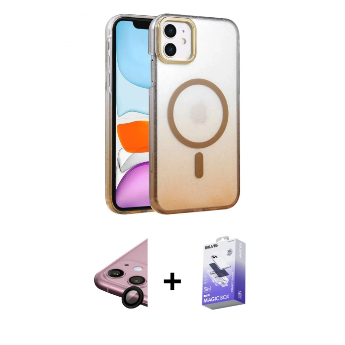 MARSİLYAN™- iPhone 11 Kılıf Ahenk Doku Özel Seri - Siyah Bilvis 5in1 5D Magic Hayalet Cam Ekran Koruyucu + Raze Metal Kamera Lens - SH
