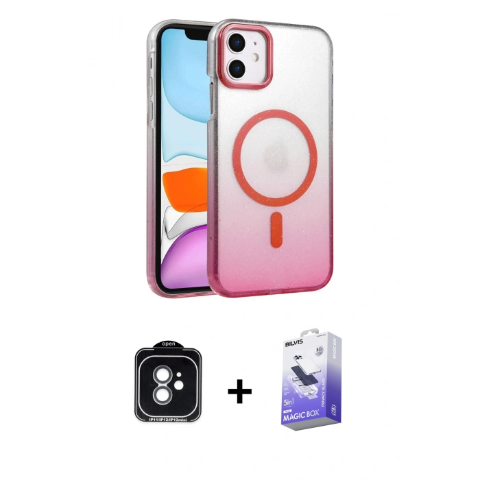 MARSİLYAN™- iPhone 11 Kılıf Ahenk Doku Özel Seri - Siyah Bilvis 5in1 5D Magic Hayalet Cam Ekran Koruyucu + PVD Metal Kamera Lens - YL