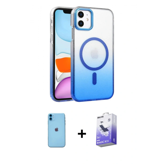 MARSİLYAN™- iPhone 11 Kılıf Ahenk Doku Özel Seri - Siyah Bilvis 5in1 5D Magic Hayalet Cam Ekran Koruyucu + Mavi Neon Fosforlu Kamera Lens