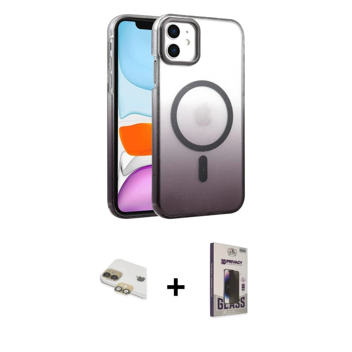MARSİLYAN™- iPhone 11 Kılıf Ahenk Doku Özel Seri - Siyah Bilvis Hayalet Cam Ekran Koruyucu + Pers Alüminyum Kamera Lens - GD
