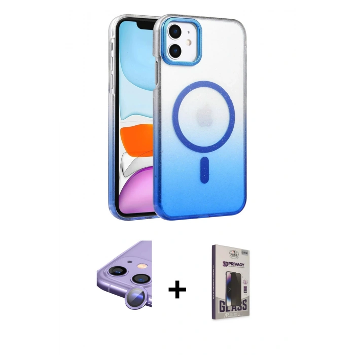 MARSİLYAN™- iPhone 11 Kılıf Ahenk Doku Özel Seri - Siyah Bilvis Hayalet Cam Ekran Koruyucu + Raze Metal Kamera Lens - MR
