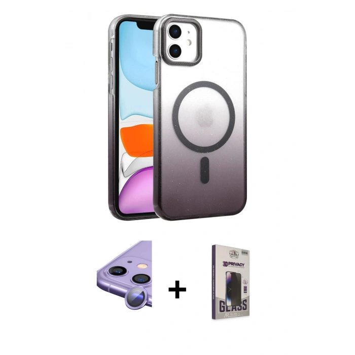 MARSİLYAN™- iPhone 11 Kılıf Ahenk Doku Özel Seri - Siyah Bilvis Hayalet Cam Ekran Koruyucu + Raze Metal Kamera Lens - MR