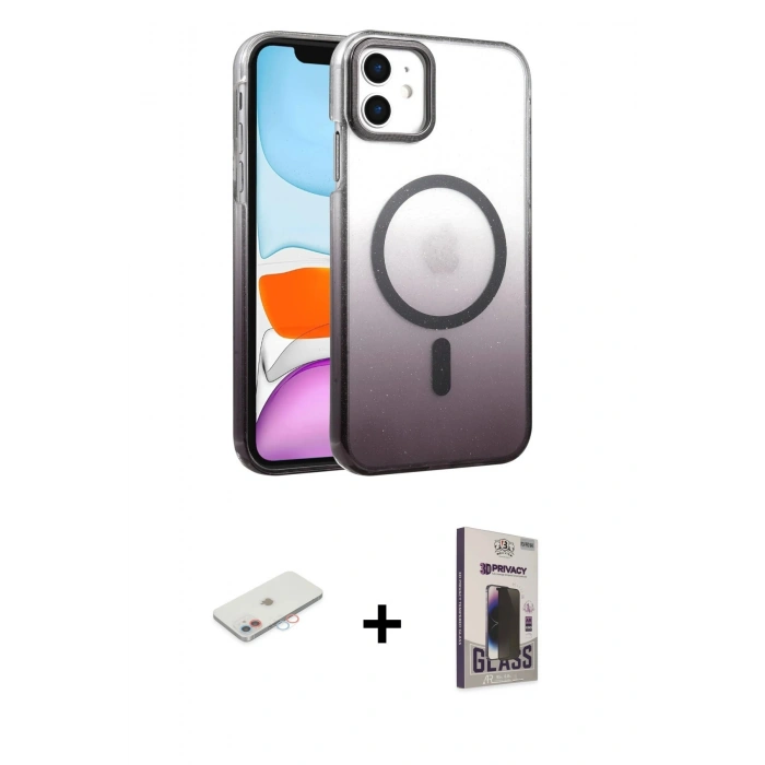 MARSİLYAN™- iPhone 11 Kılıf Ahenk Doku Özel Seri - Siyah Bilvis Hayalet Cam Ekran Koruyucu + Renkli Kamera Lens Koruma Cam - PE