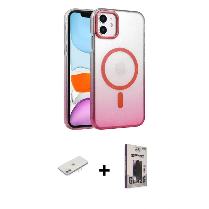 MARSİLYAN™- iPhone 11 Kılıf Ahenk Doku Özel Seri - Siyah Bilvis Hayalet Cam Ekran Koruyucu + Renkli Kamera Lens Koruma Cam - PE