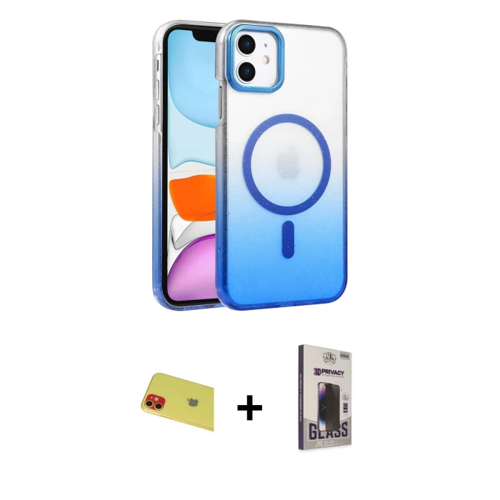 MARSİLYAN™- iPhone 11 Kılıf Ahenk Doku Özel Seri - Siyah Bilvis Hayalet Cam Ekran Koruyucu + Rainbow Kamera Lens Koruma Cam - KI